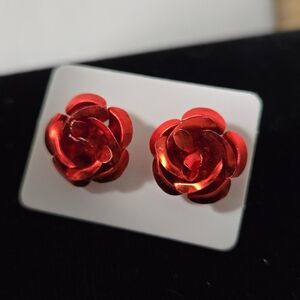 Vibrant Red Rose Stud Earrings